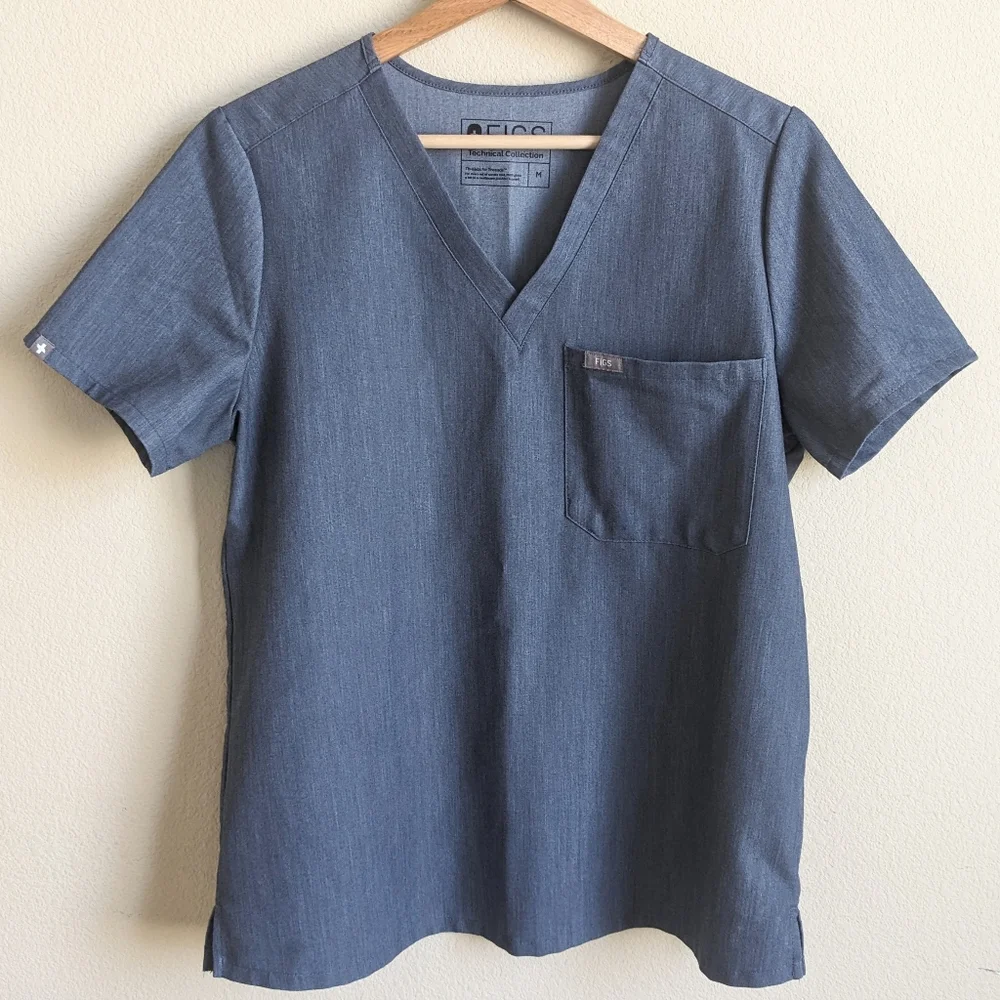 FIGS Scrub Set Heather Denim Catarina Top Yola Skinny Pants M Petite Stretch - Picture 6 of 15